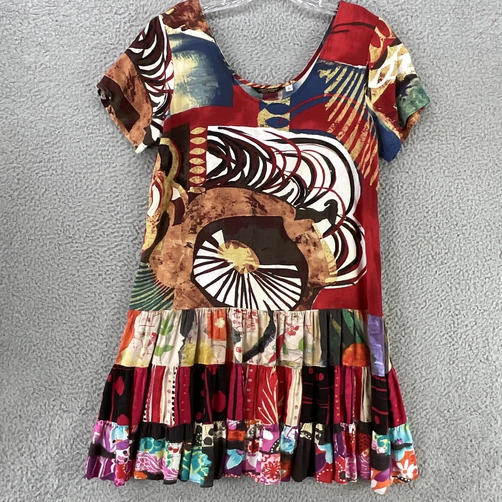 Jams World Dress Womens S Short Merlot Patchwork Trapeze Hawaii Aloha Ruffle USA